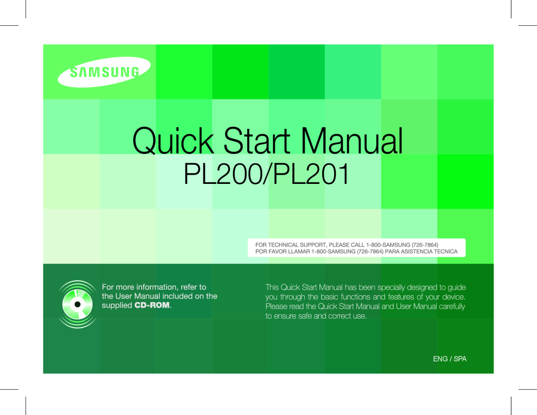 Samsung EC-PL90ZZBPRE1, EC-PL200ZBPRE1, EC-PL90ZZBARE1, EC-PL90ZZBPEE1 manual Quick Start Manual, PL200/PL201, Eng / Spa 