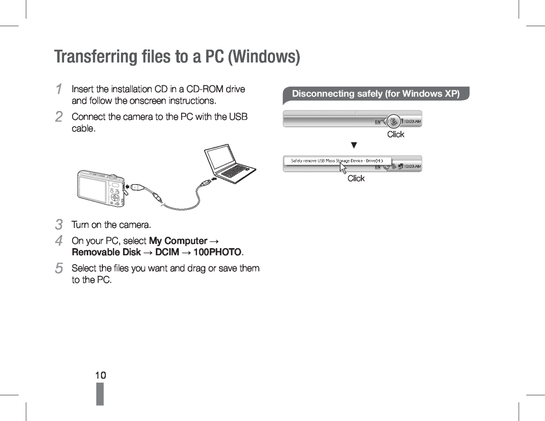 Samsung EC-PL200ZBPBIT Transferring files to a PC Windows, Disconnecting safely for Windows XP, cable, Turn on the camera 
