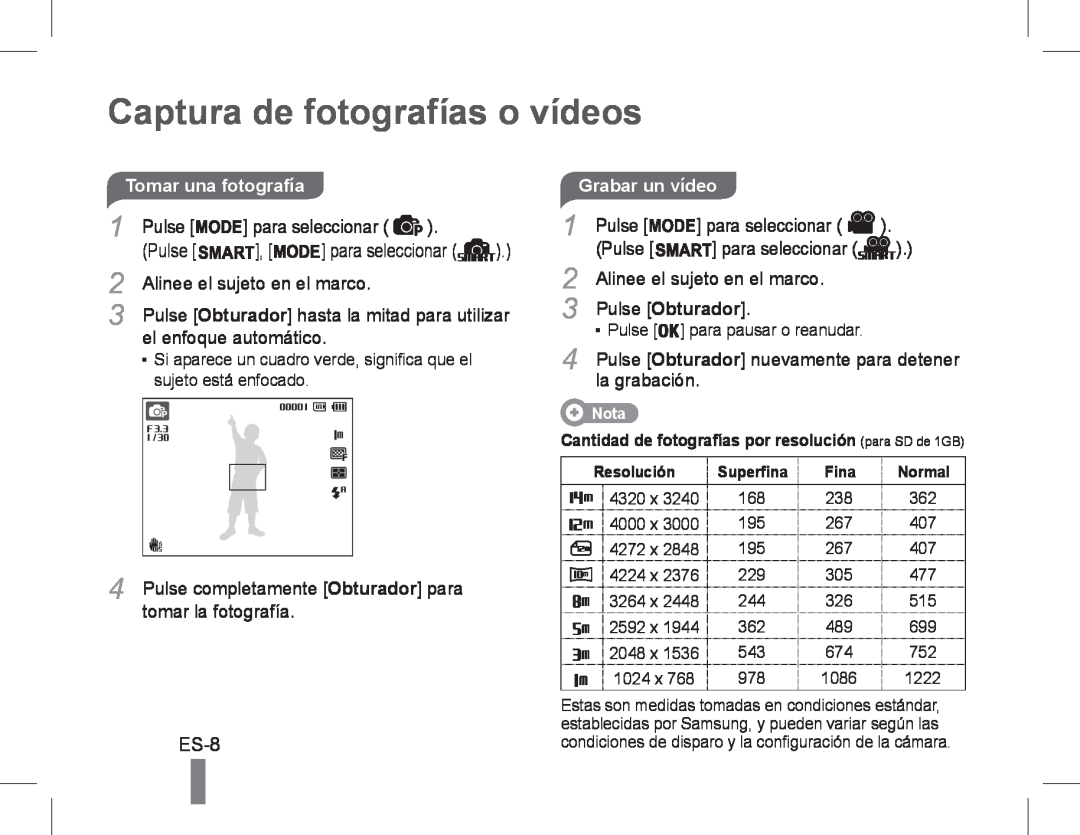 Samsung EC-PL90ZZDAAME, EC-PL200ZBPRE1, EC-PL90ZZBPRE1 manual Captura de fotografías o vídeos, ES-8, Grabar un vídeo 