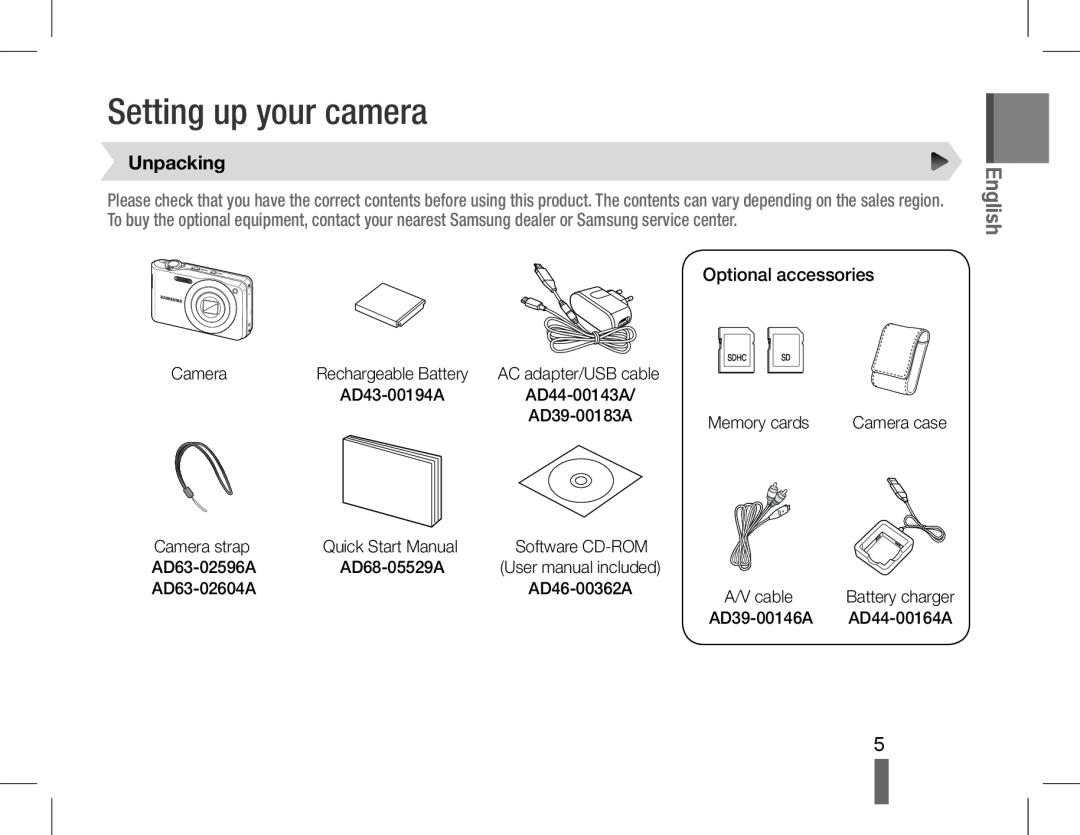 Samsung EC-PL90ZZBPAE1, EC-PL200ZBPRE1, EC-PL90ZZBPRE1 Setting up your camera, Unpacking, Optional accessories, English 