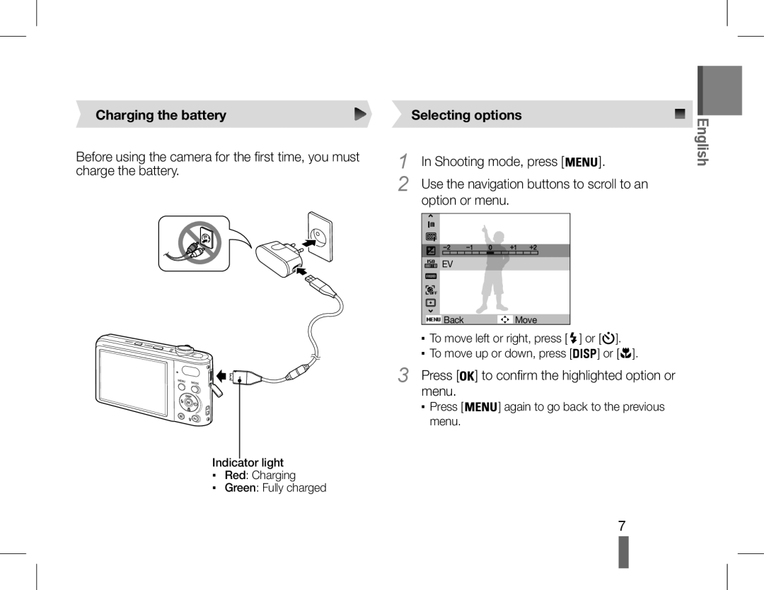 Samsung EC-PL200ZBPSIT Charging the battery, Selecting options, In Shooting mode, press, option or menu, Press, English 