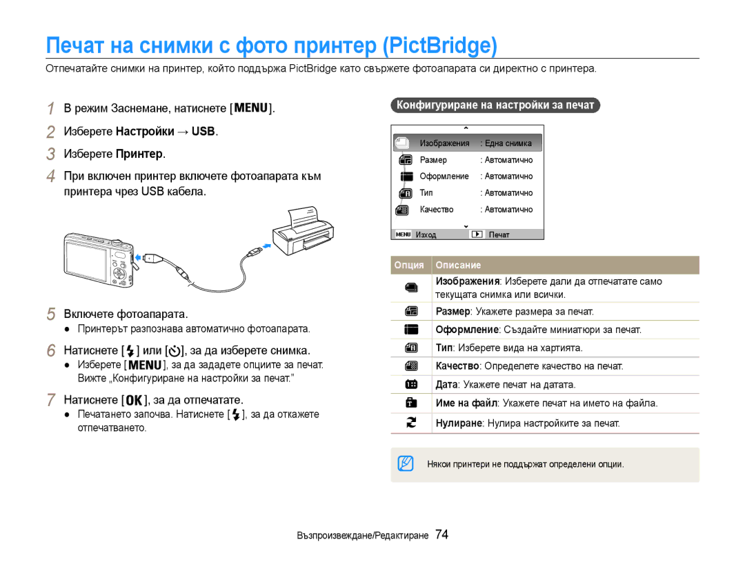 Samsung EC-PL200ZBPRE3 manual Печат на снимки с фото принтер PictBridge, Изберете Настройки → USB, Изберете Принтер 