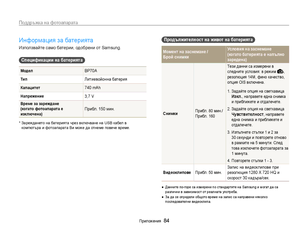 Samsung EC-PL200ZBPBE3, EC-PL200ZBPRE3 manual Информация за батерията, Спецификации на батерията, Брой снимки Заредена 
