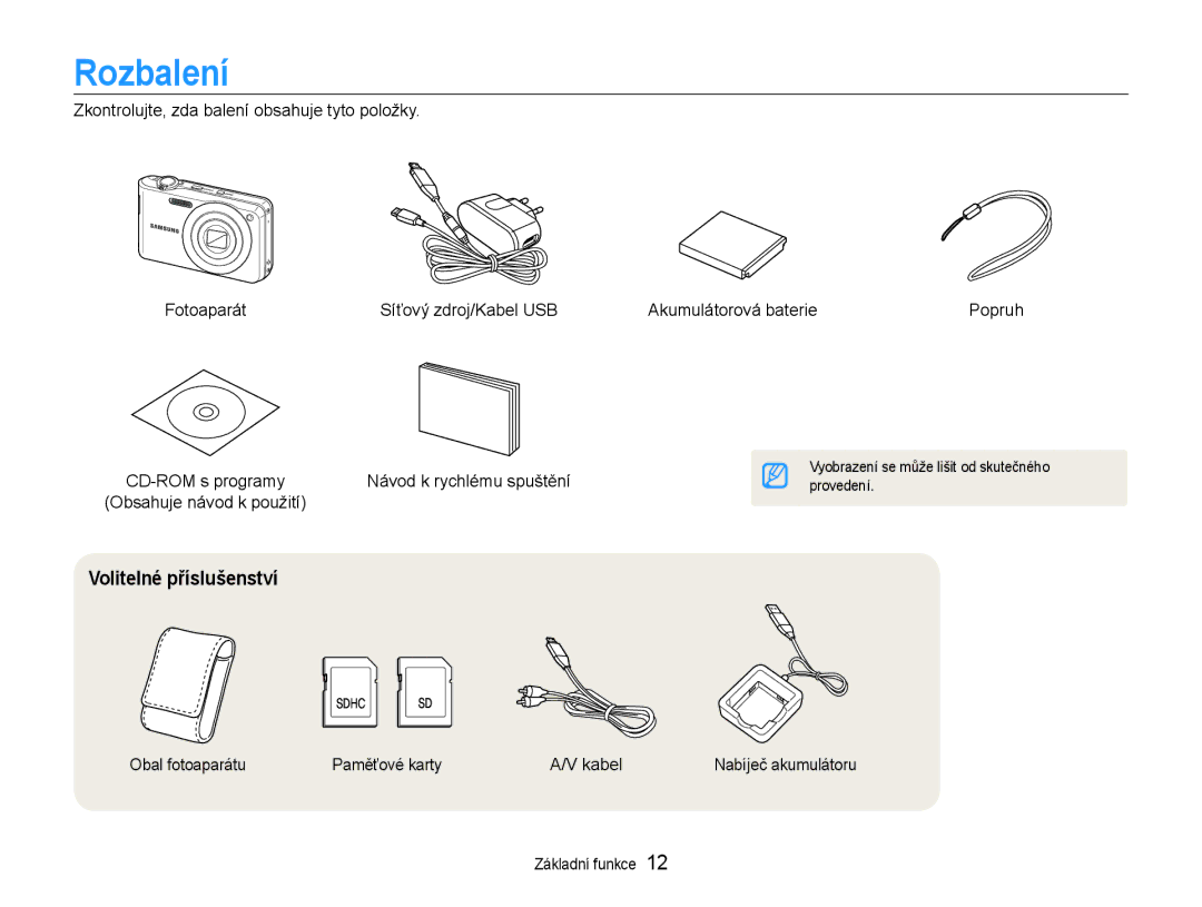 Samsung EC-PL200ZBPBE3, EC-PL200ZBPRE3 manual Rozbalení, Volitelné příslušenství, Obal fotoaparátu Paměťové karty Kabel 