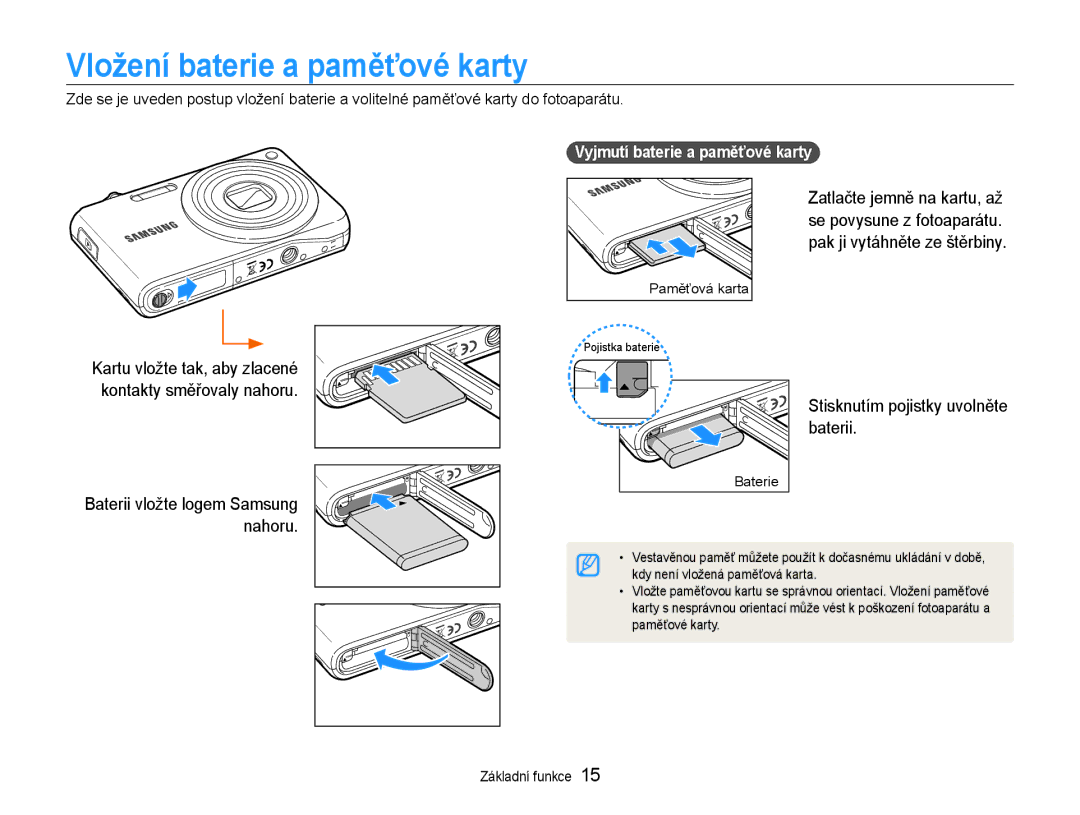 Samsung EC-PL200ZBPBE3, EC-PL200ZBPRE3 manual Vložení baterie a paměťové karty, Stisknutím pojistky uvolněte baterii 