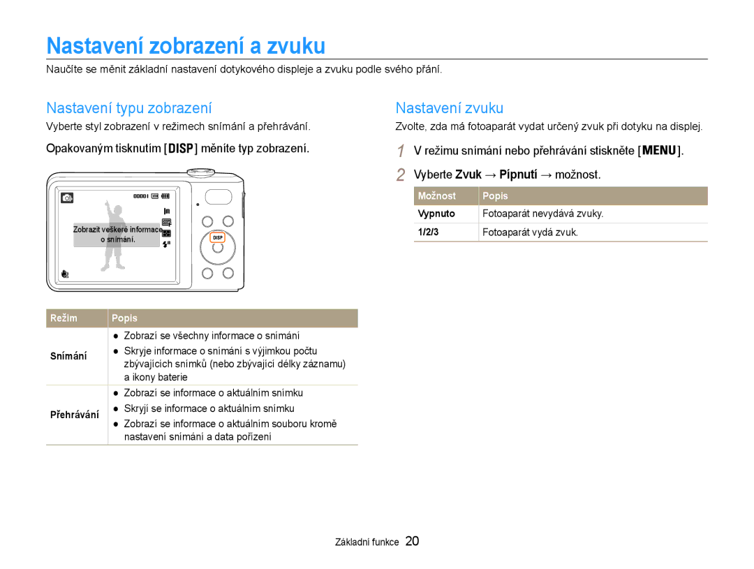 Samsung EC-PL200ZBPRE3, EC-PL200ZBPBE3 manual Nastavení zobrazení a zvuku, Nastavení typu zobrazení, Nastavení zvuku 