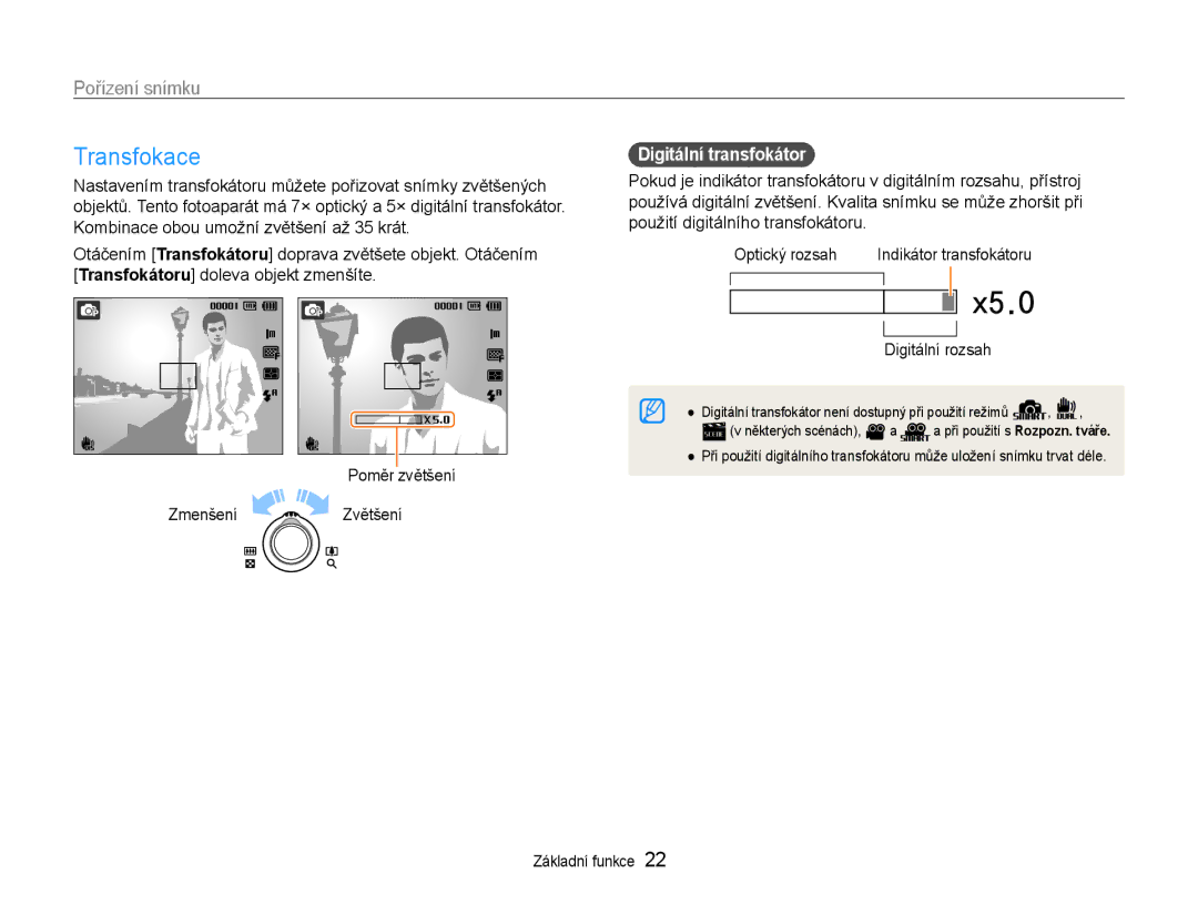 Samsung EC-PL200ZBPSE3, EC-PL200ZBPRE3 manual Transfokace, Pořízení snímku, Zmenšení Zvětšení, Digitální transfokátor 