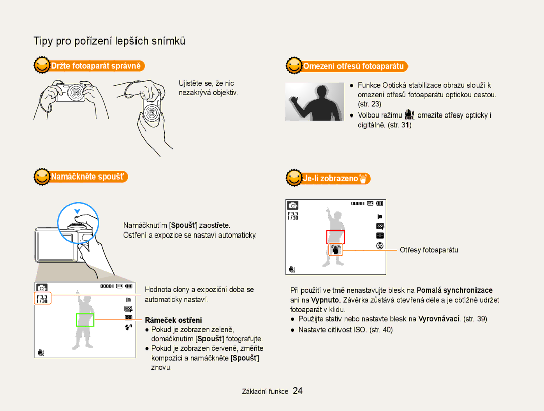 Samsung EC-PL200ZBPBE3 manual Držte fotoaparát správně, Omezení otřesů fotoaparátu, Namáčkněte spoušť, Rámeček ostření 