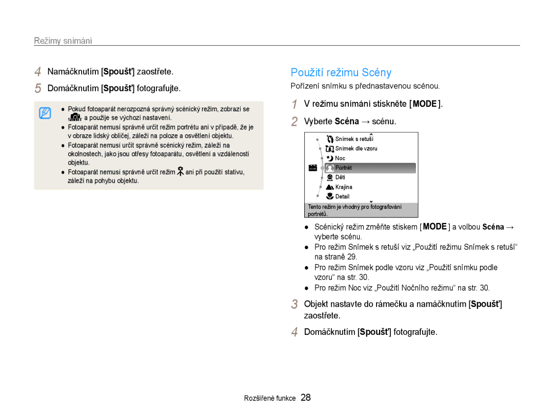 Samsung EC-PL200ZBPSE3 manual Použití režimu Scény, Režimy snímání, Režimu snímání stiskněte Vyberte Scéna → scénu 