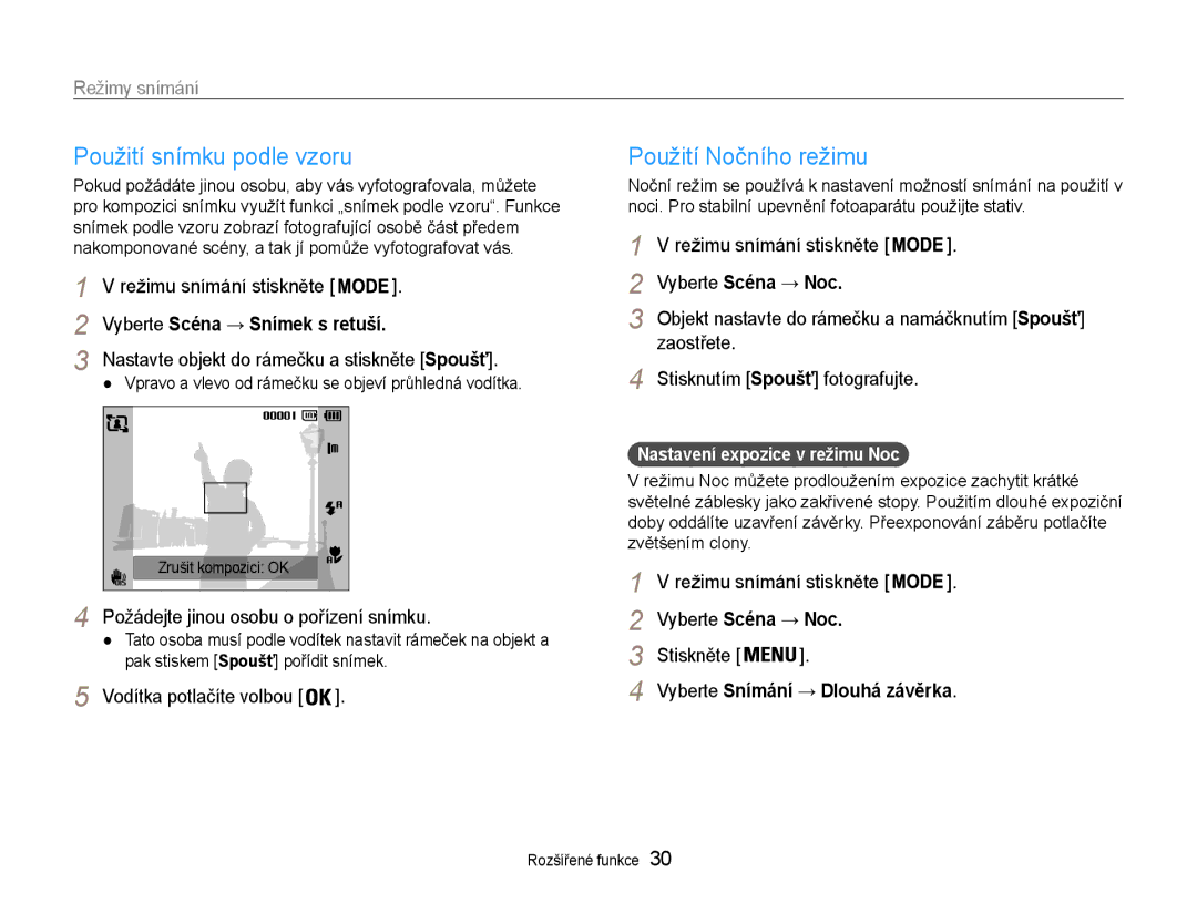 Samsung EC-PL200ZBPBE3 manual Použití snímku podle vzoru, Použití Nočního režimu, Vyberte Snímání → Dlouhá závěrka 