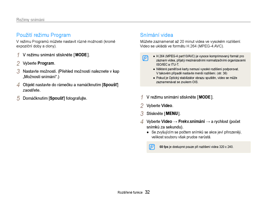 Samsung EC-PL200ZBPRE3, EC-PL200ZBPBE3 manual Použití režimu Program, Snímání videa, Snímků za sekundu, Vyberte Video 