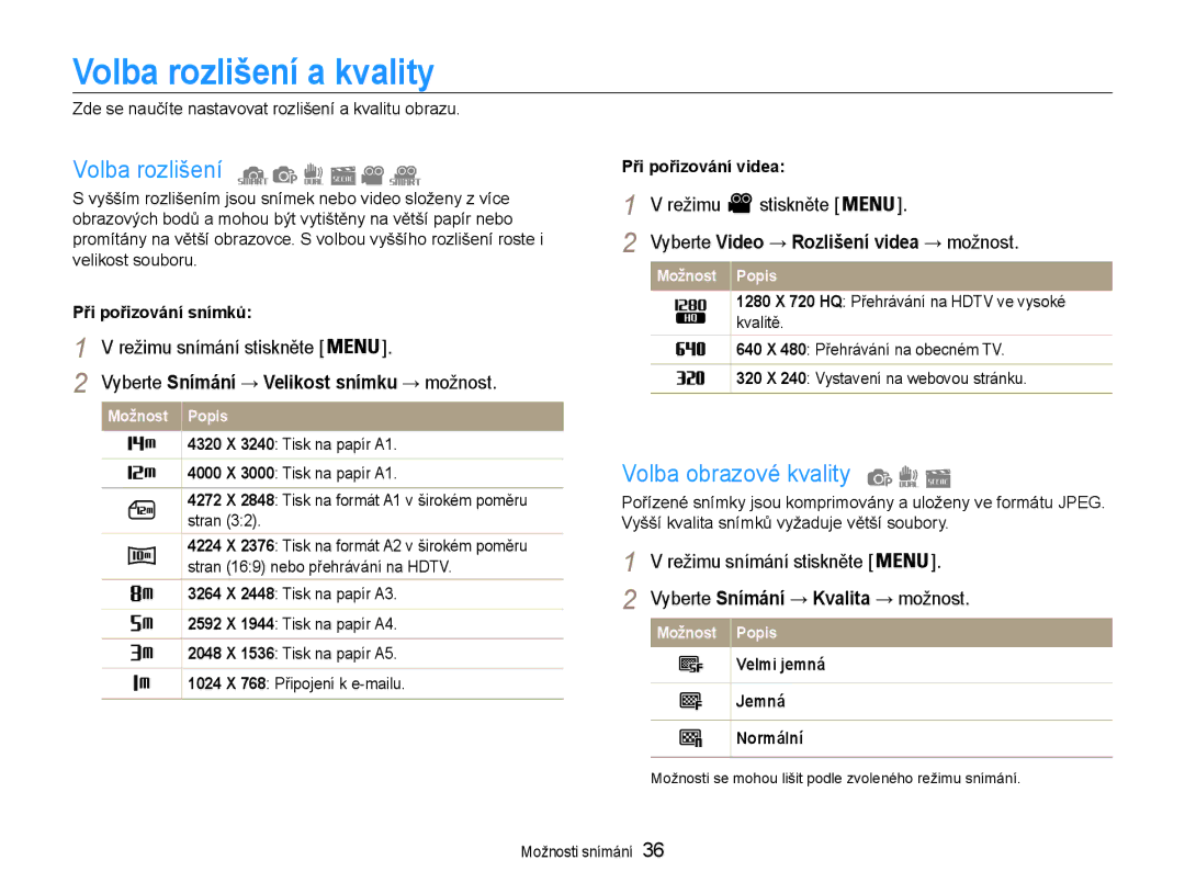 Samsung EC-PL200ZBPBE3, EC-PL200ZBPRE3, EC-PL200ZBPSE3 Volba rozlišení a kvality, Volba obrazové kvality, Režimu Stiskněte 