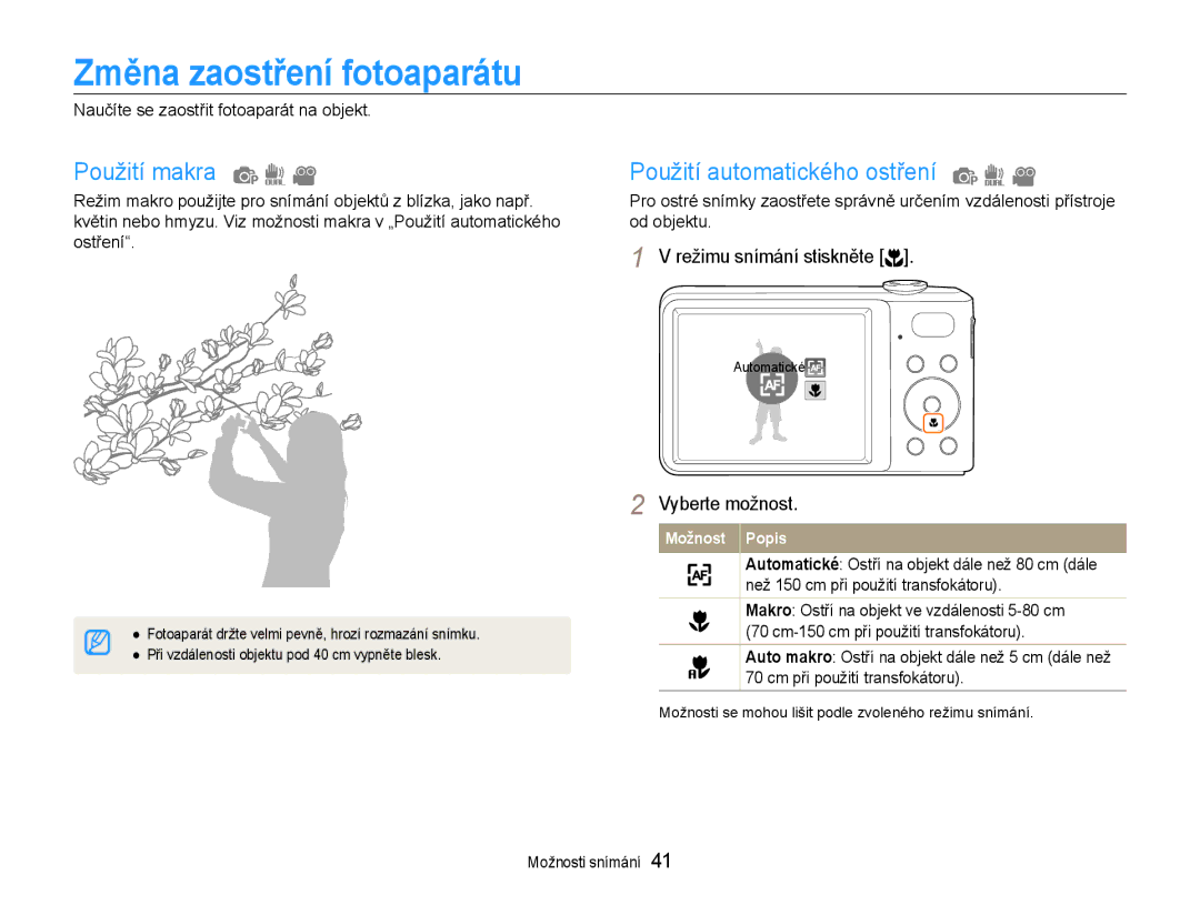 Samsung EC-PL200ZBPRE3, EC-PL200ZBPBE3 manual Změna zaostření fotoaparátu, Použití makra, Použití automatického ostření 