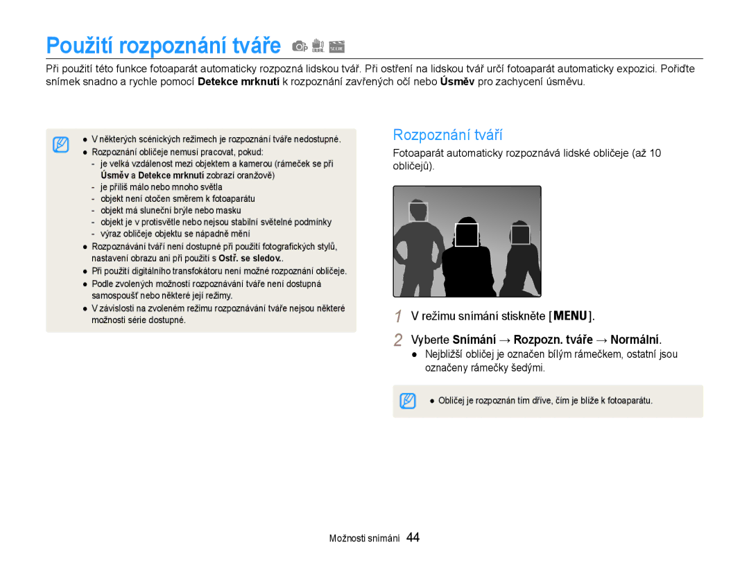 Samsung EC-PL200ZBPRE3 manual Použití rozpoznání tváře, Rozpoznání tváří, Vyberte Snímání → Rozpozn. tváře → Normální 