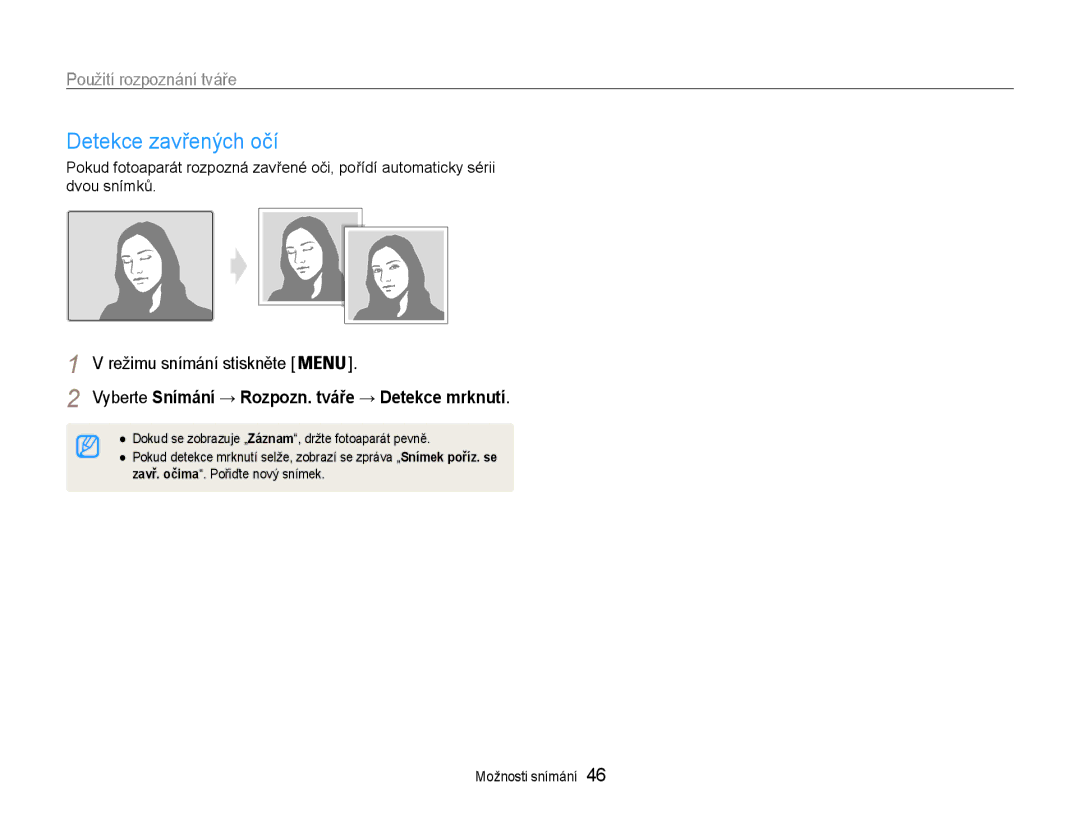 Samsung EC-PL200ZBPSE3, EC-PL200ZBPRE3 manual Detekce zavřených očí, Vyberte Snímání → Rozpozn. tváře → Detekce mrknutí 