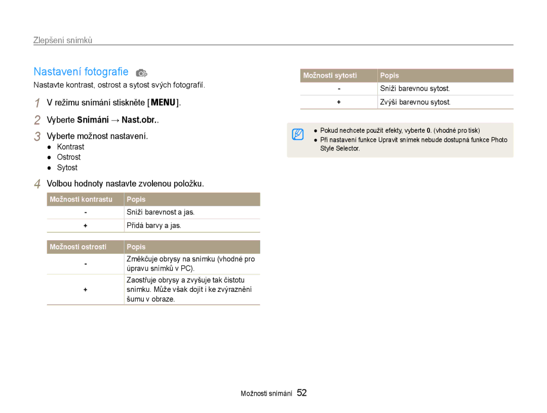 Samsung EC-PL200ZBPSE3 manual Nastavení fotografie, Zlepšení snímků, Vyberte Snímání → Nast.obr, Vyberte možnost nastavení 