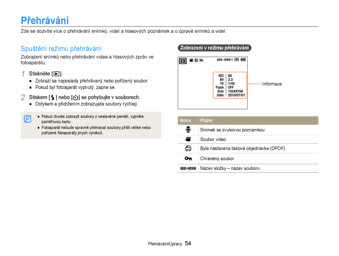 Samsung EC-PL200ZBPBE3, EC-PL200ZBPRE3 manual Přehrávání, Spuštění režimu přehrávání, Stiskem nebo se pohybujte v souborech 