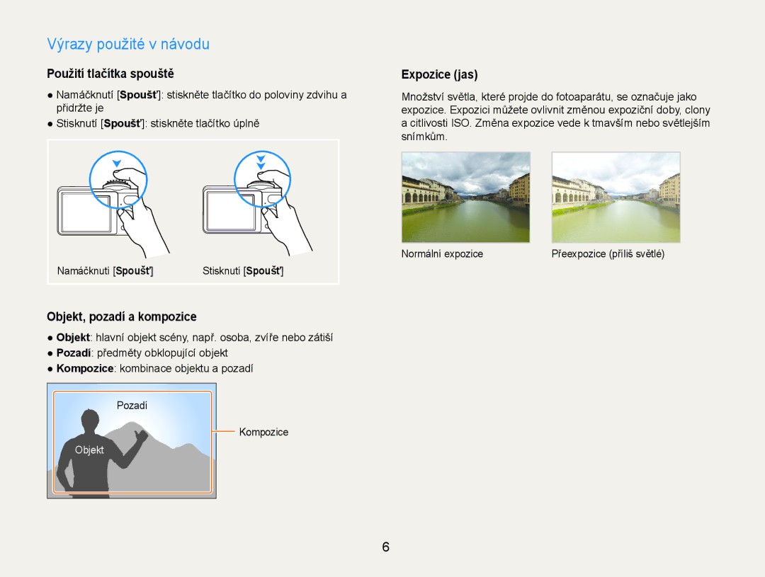 Samsung EC-PL200ZBPBE3 manual Výrazy použité v návodu, Použití tlačítka spouště, Objekt, pozadí a kompozice, Expozice jas 