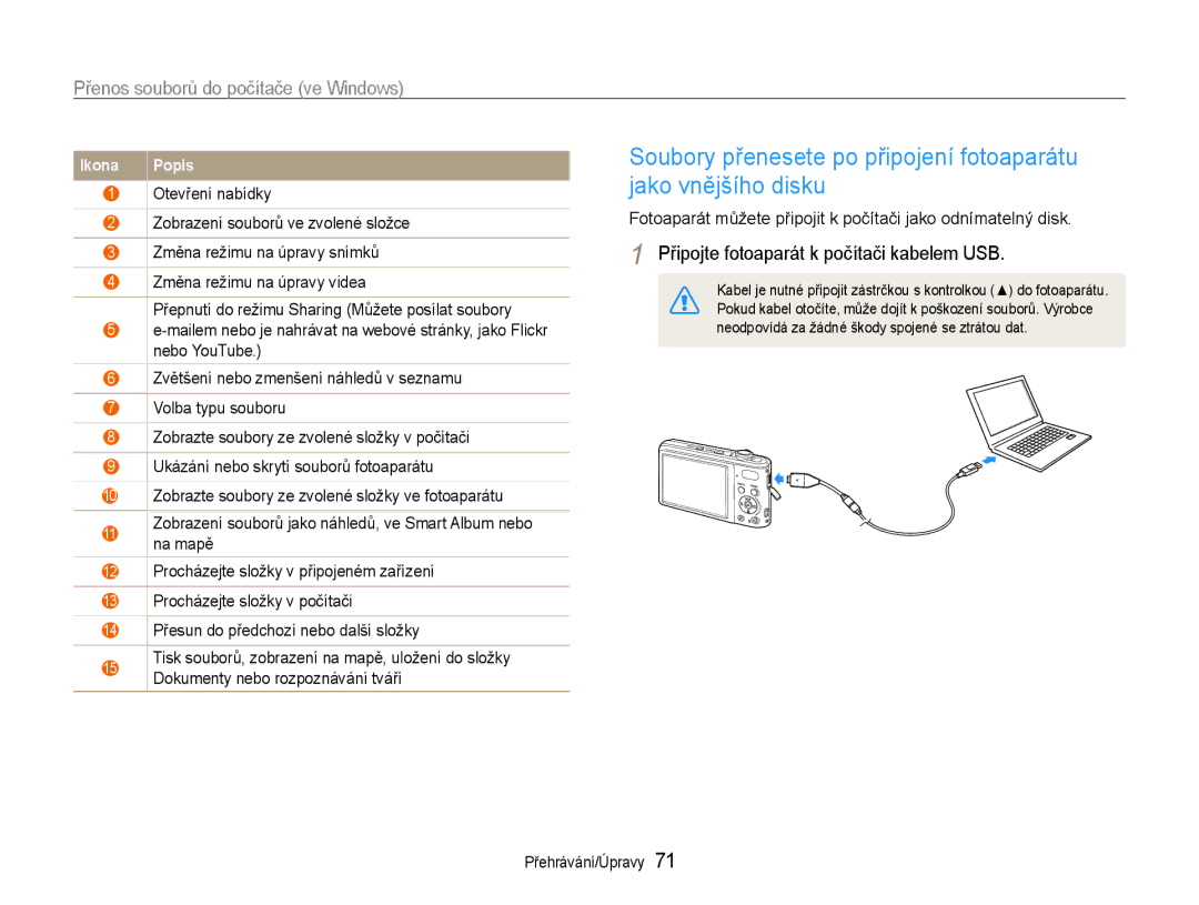 Samsung EC-PL200ZBPRE3, EC-PL200ZBPBE3, EC-PL200ZBPSE3 manual Fotoaparát můžete připojit k počítači jako odnímatelný disk 