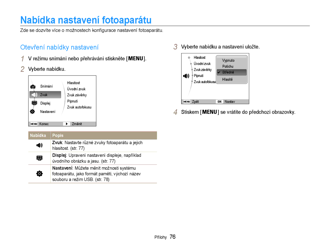 Samsung EC-PL200ZBPSE3 manual Nabídka nastavení fotoaparátu, Otevření nabídky nastavení, Vyberte nabídku a nastavení uložte 