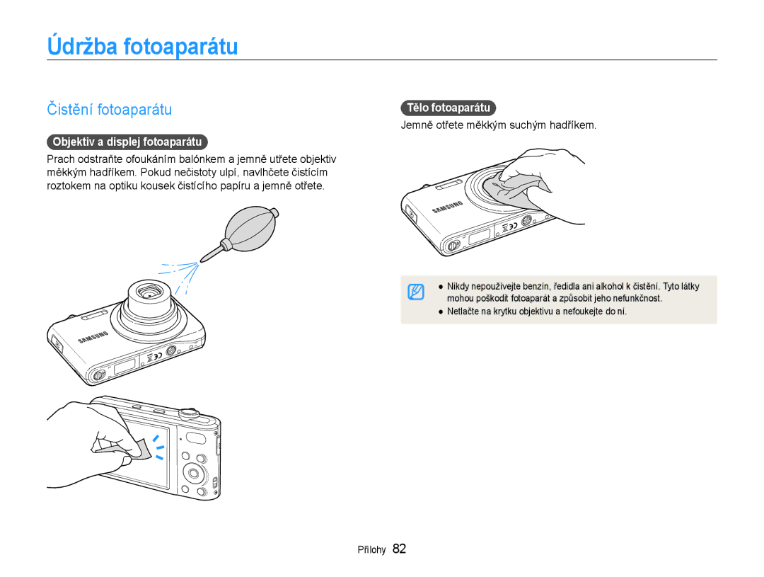 Samsung EC-PL200ZBPSE3 manual Údržba fotoaparátu, Čistění fotoaparátu, Objektiv a displej fotoaparátu, Tělo fotoaparátu 