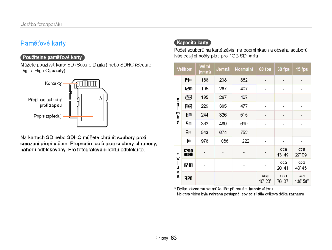 Samsung EC-PL200ZBPRE3, EC-PL200ZBPBE3 manual Paměťové karty, Údržba fotoaparátu, Použitelné paměťové karty, Kapacita karty 