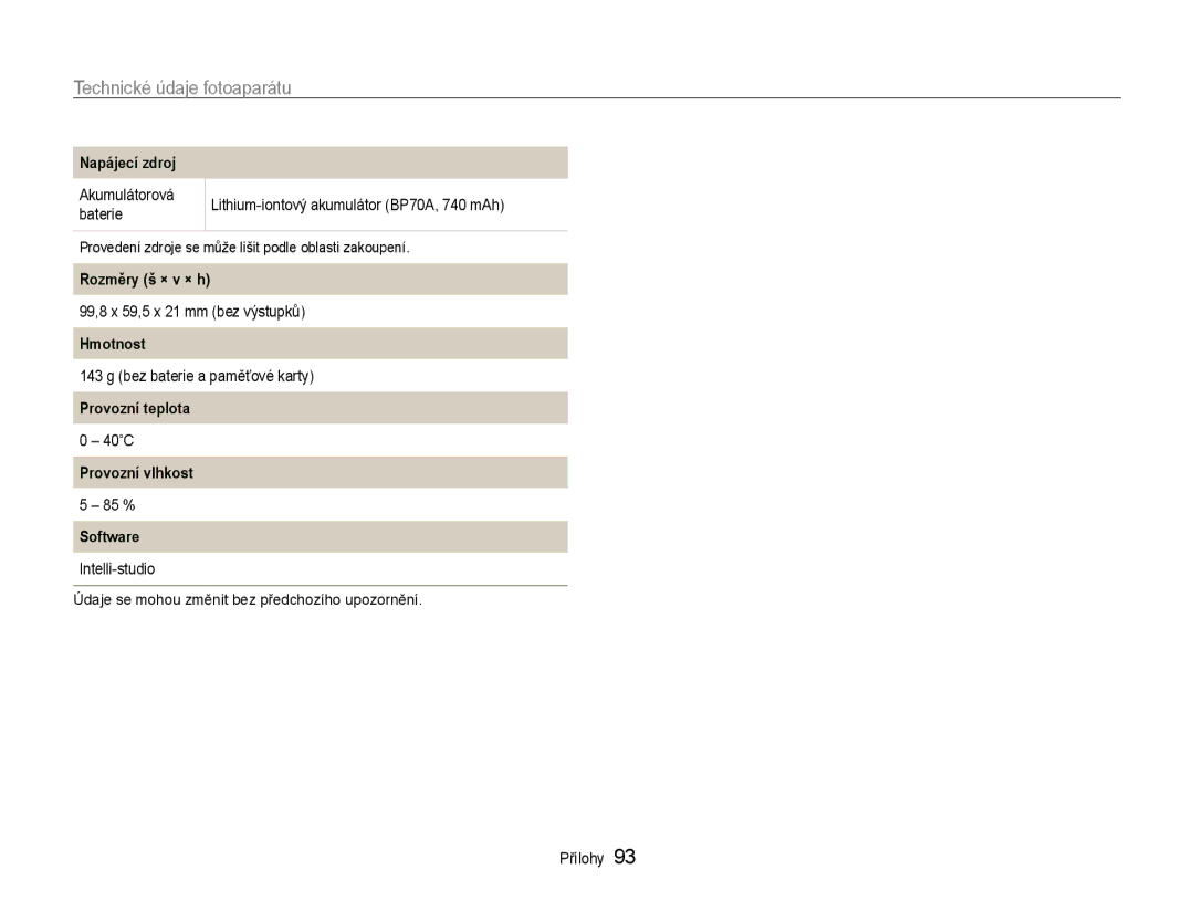 Samsung EC-PL200ZBPBE3 manual Napájecí zdroj, Rozměry š × v × h, Hmotnost, Provozní teplota, Provozní vlhkost, Software 