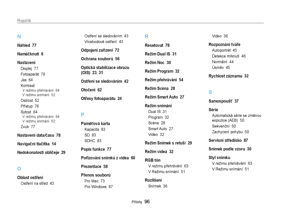 Samsung EC-PL200ZBPBE3, EC-PL200ZBPRE3, EC-PL200ZBPSE3 manual Rejstřík 