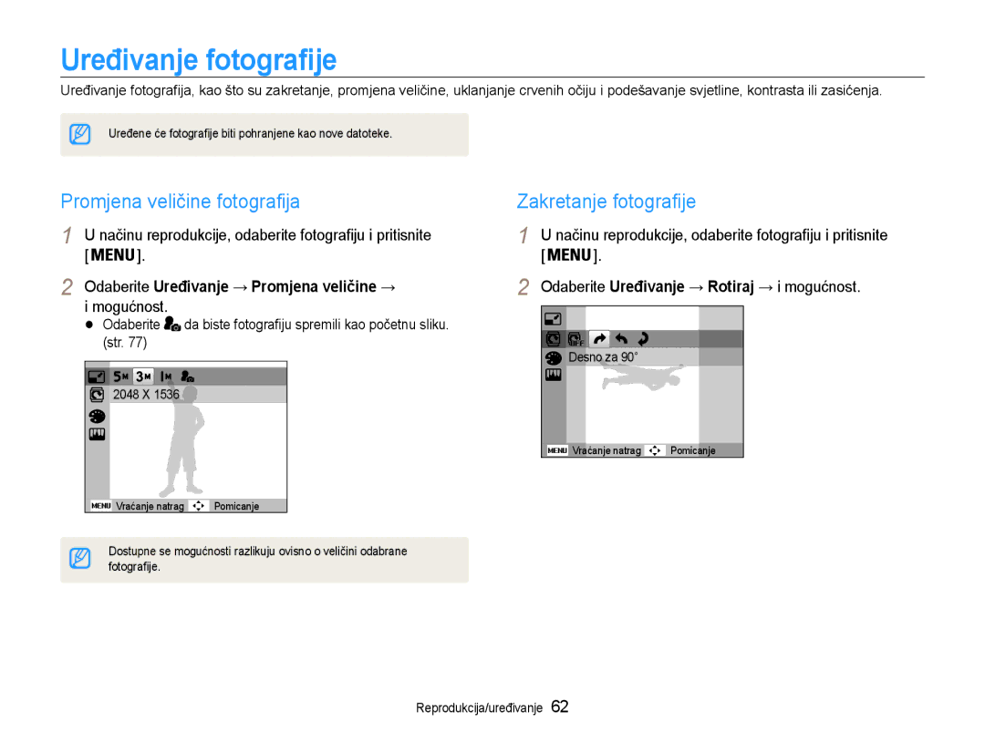 Samsung EC-PL200ZBPRE3, EC-PL200ZBPBE3 manual Uređivanje fotografije, Promjena veličine fotografija, Zakretanje fotografije 