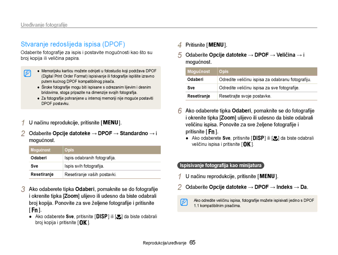 Samsung EC-PL200ZBPRE3, EC-PL200ZBPBE3 Stvaranje redoslijeda ispisa Dpof, Odaberite Opcije datoteke → Dpof → Veličina → 