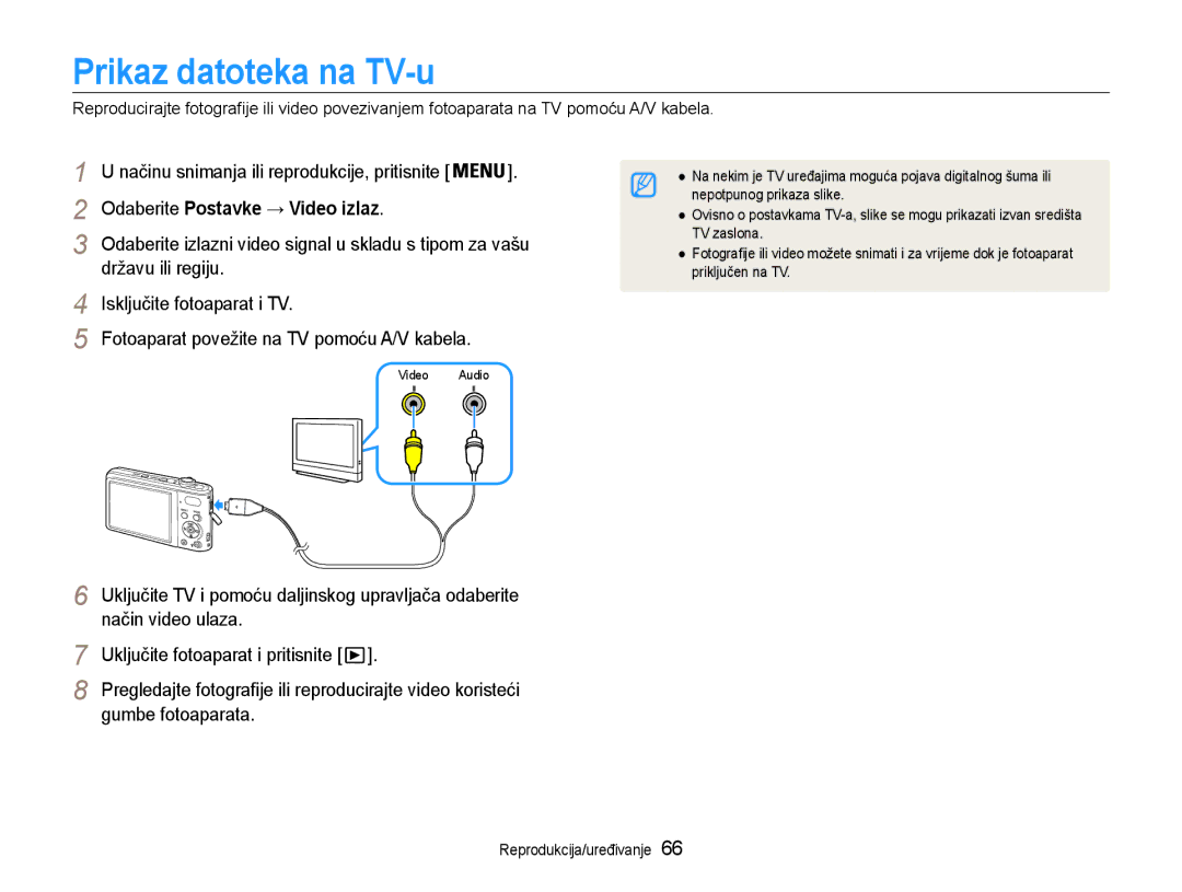 Samsung EC-PL200ZBPBE3 Prikaz datoteka na TV-u, Odaberite Postavke → Video izlaz, Način video ulaza, Gumbe fotoaparata 