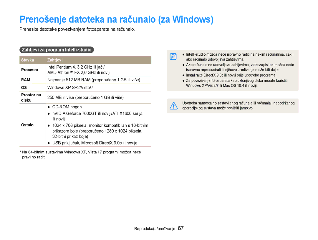 Samsung EC-PL200ZBPSE3, EC-PL200ZBPRE3 manual Prenošenje datoteka na računalo za Windows, Zahtjevi za program Intelli-studio 