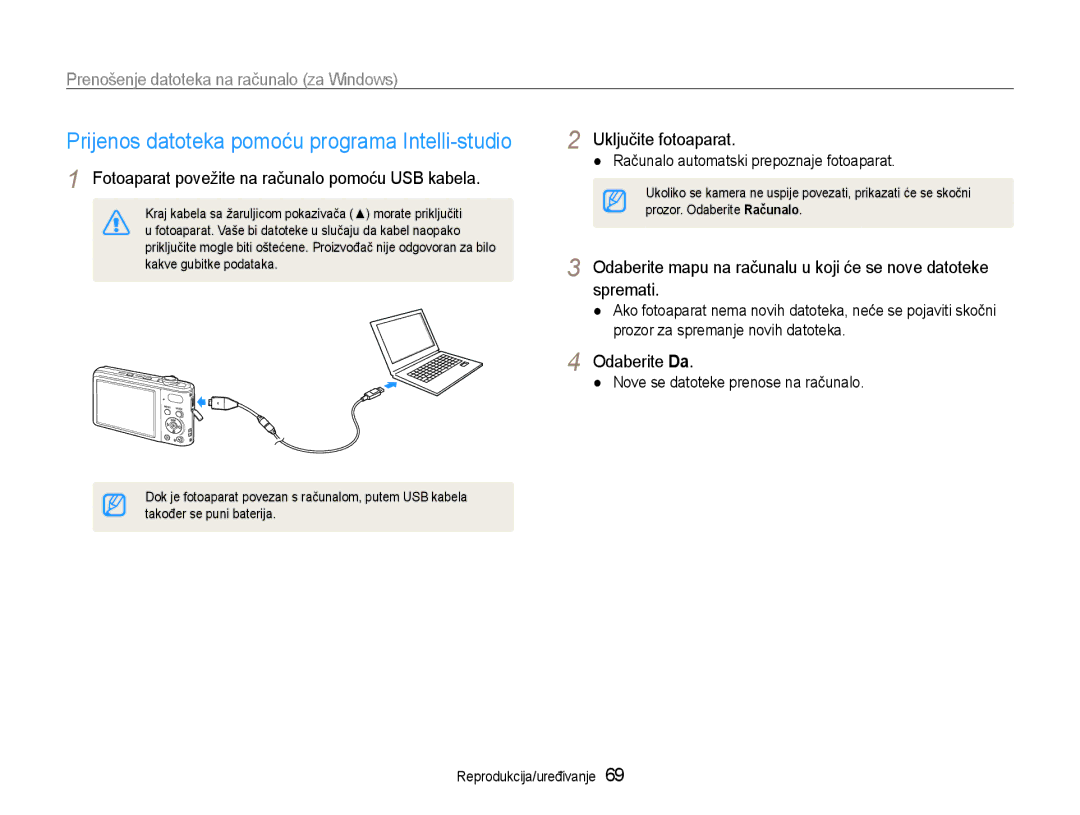 Samsung EC-PL200ZBPBE3 Prijenos datoteka pomoću programa Intelli-studio, Fotoaparat povežite na računalo pomoću USB kabela 