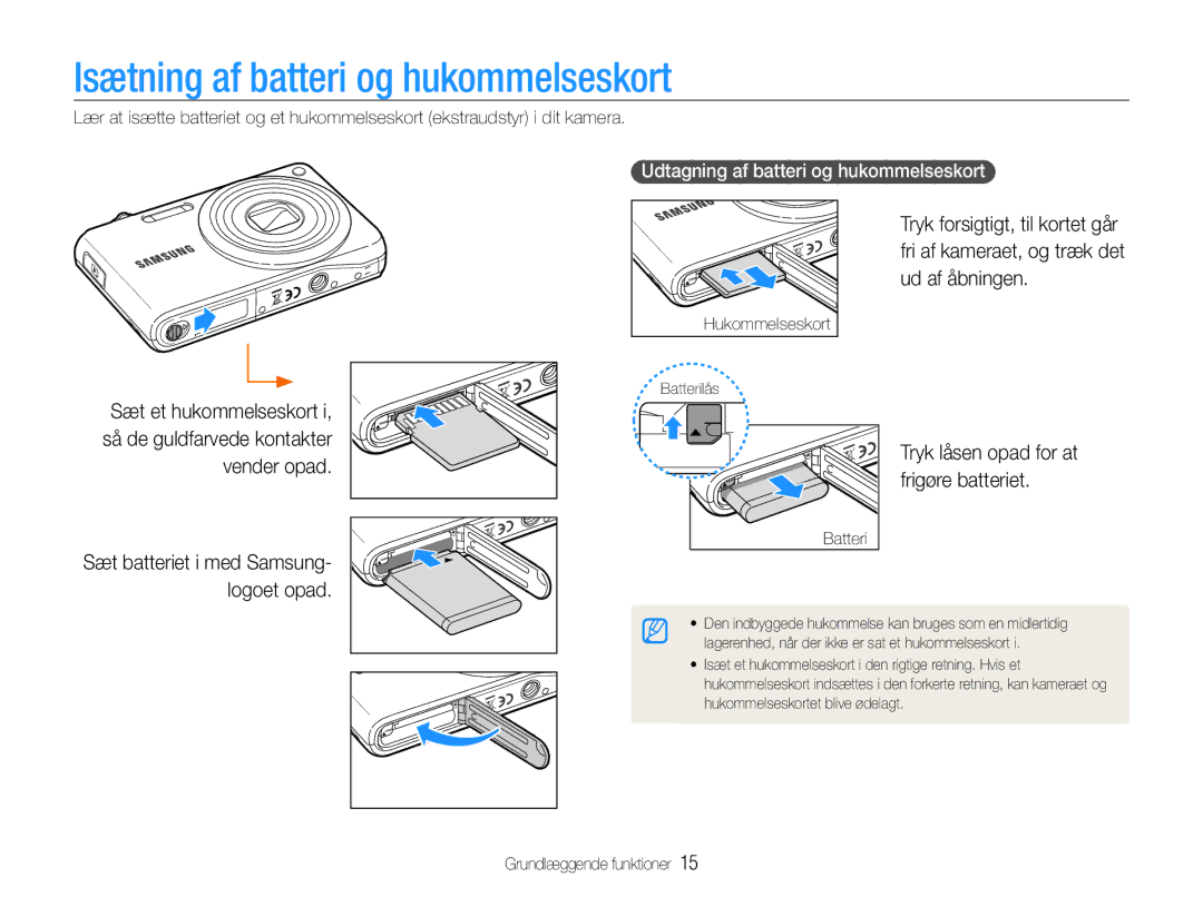 Samsung EC-PL200ZBPBE2 manual Isætning af batteri og hukommelseskort, Tryk låsen opad for at frigøre batteriet, Batteri 