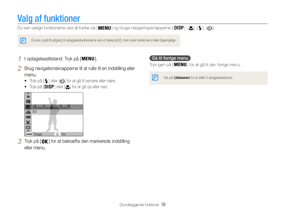 Samsung EC-PL200ZBPBE2, EC-PL200ZBPSE2, EC-PL200ZBPRE2 manual Valg af funktioner, Menu, Tryk på, Gå til forrige menu 