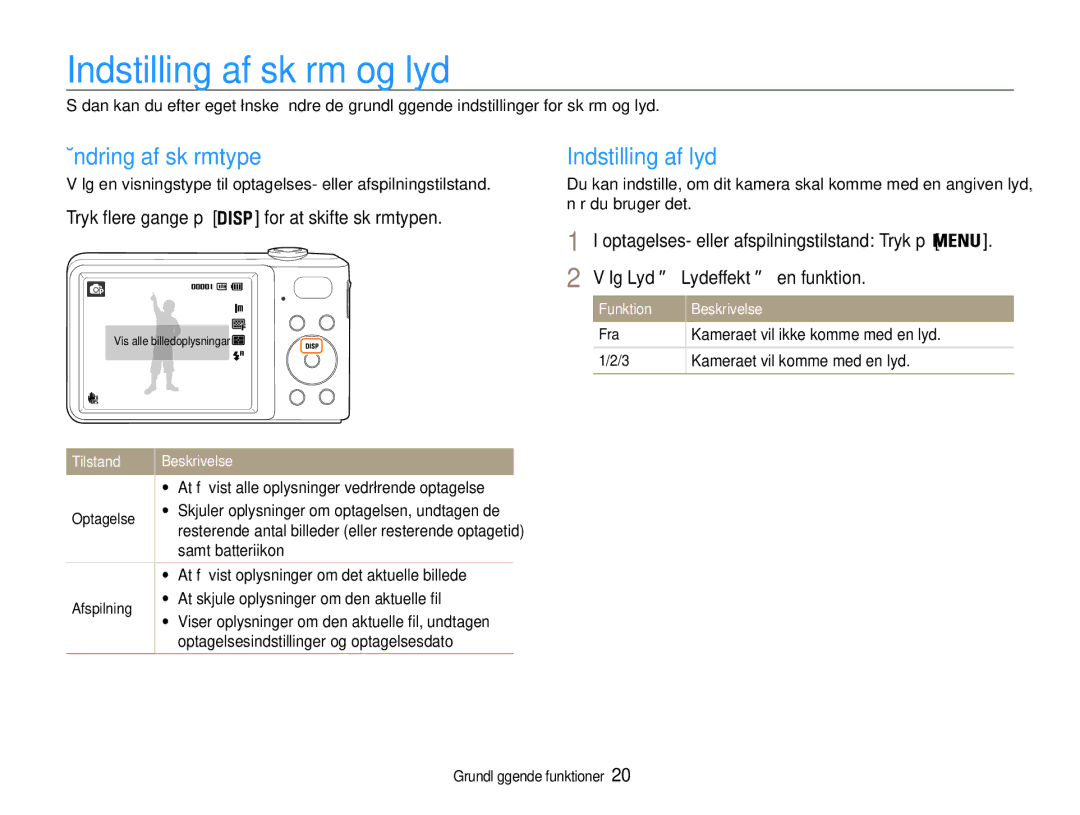 Samsung EC-PL200ZBPSE2, EC-PL200ZBPBE2 manual Indstilling af skærm og lyd, Ændring af skærmtype, Indstilling af lyd 