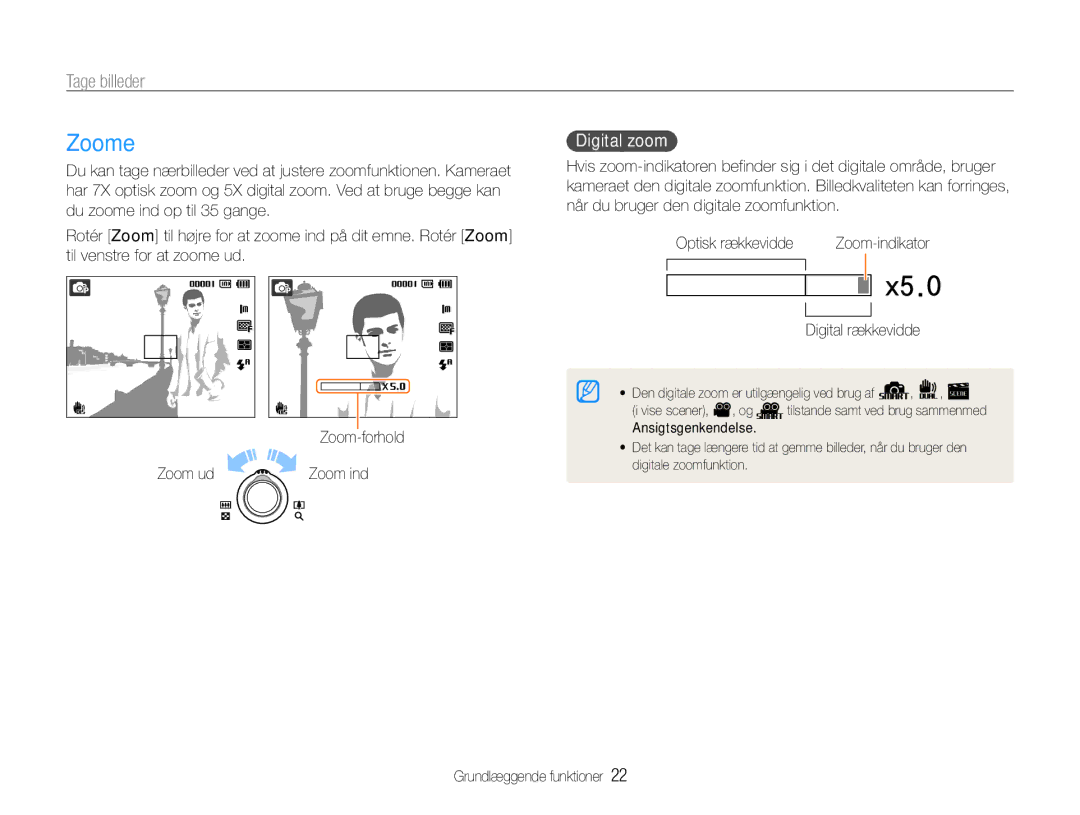 Samsung EC-PL200ZBPRE2, EC-PL200ZBPSE2, EC-PL200ZBPBE2 manual Zoome, Tage billeder, Digital zoom, Zoom-indikator 