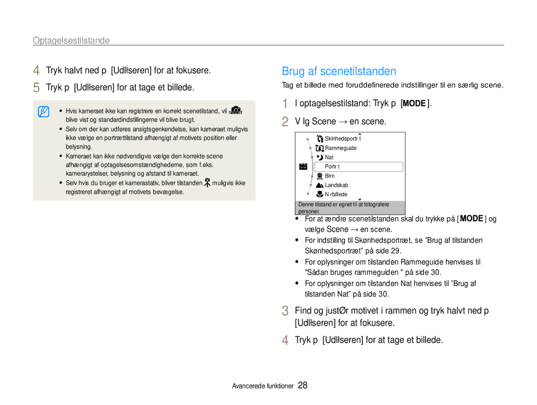 Samsung EC-PL200ZBPRE2, EC-PL200ZBPSE2, EC-PL200ZBPBE2 Brug af scenetilstanden, Optagelsestilstande, Vælg Scene → en scene 