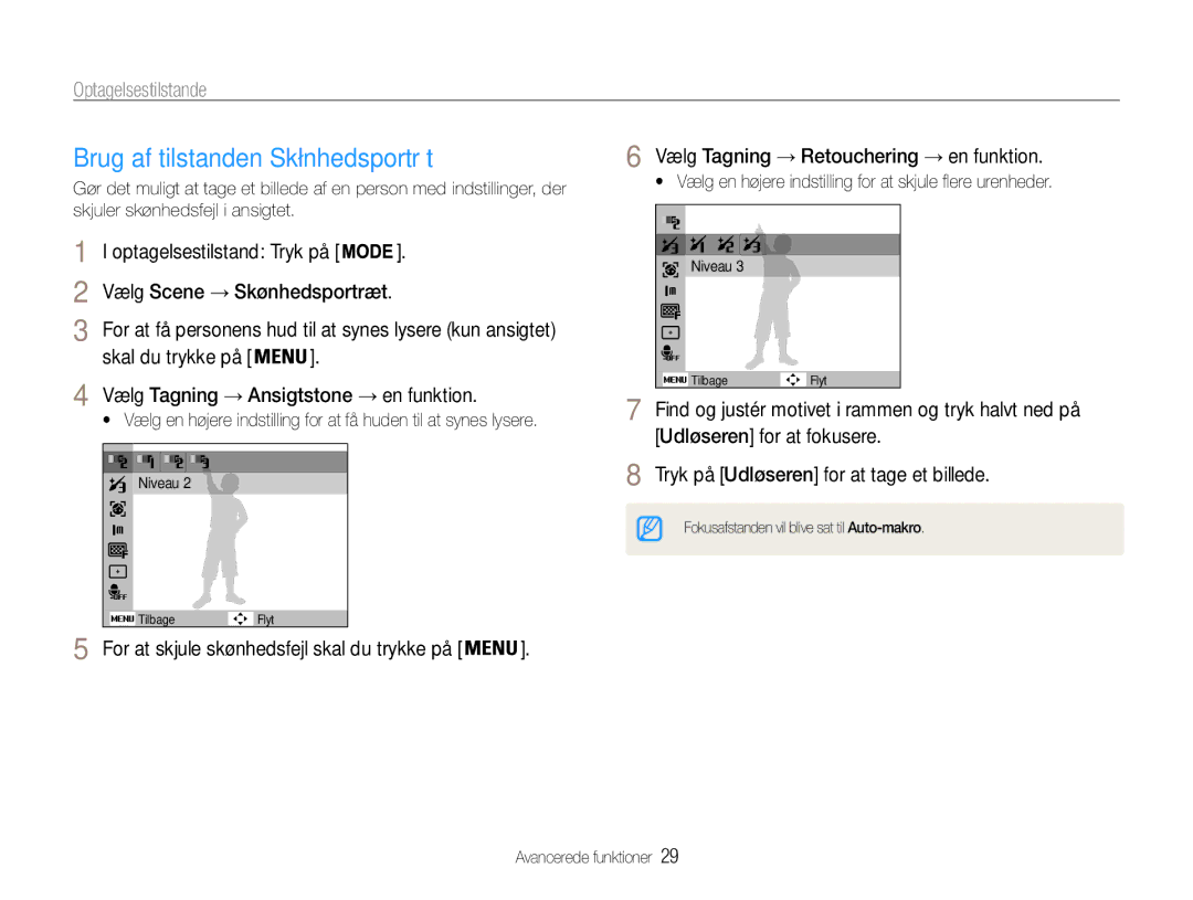 Samsung EC-PL200ZBPSE2 manual Brug af tilstanden Skønhedsportræt, Optagelsestilstand Tryk på Vælg Scene → Skønhedsportræt 