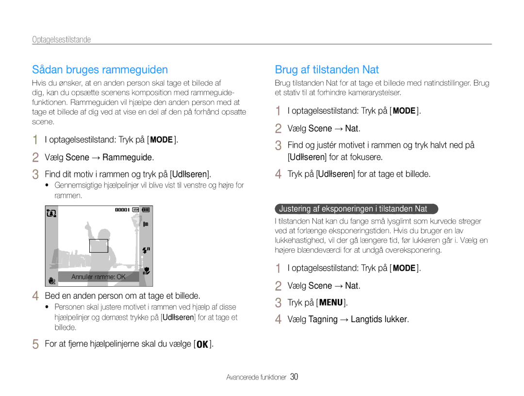 Samsung EC-PL200ZBPBE2, EC-PL200ZBPSE2, EC-PL200ZBPRE2 manual Sådan bruges rammeguiden, Brug af tilstanden Nat 