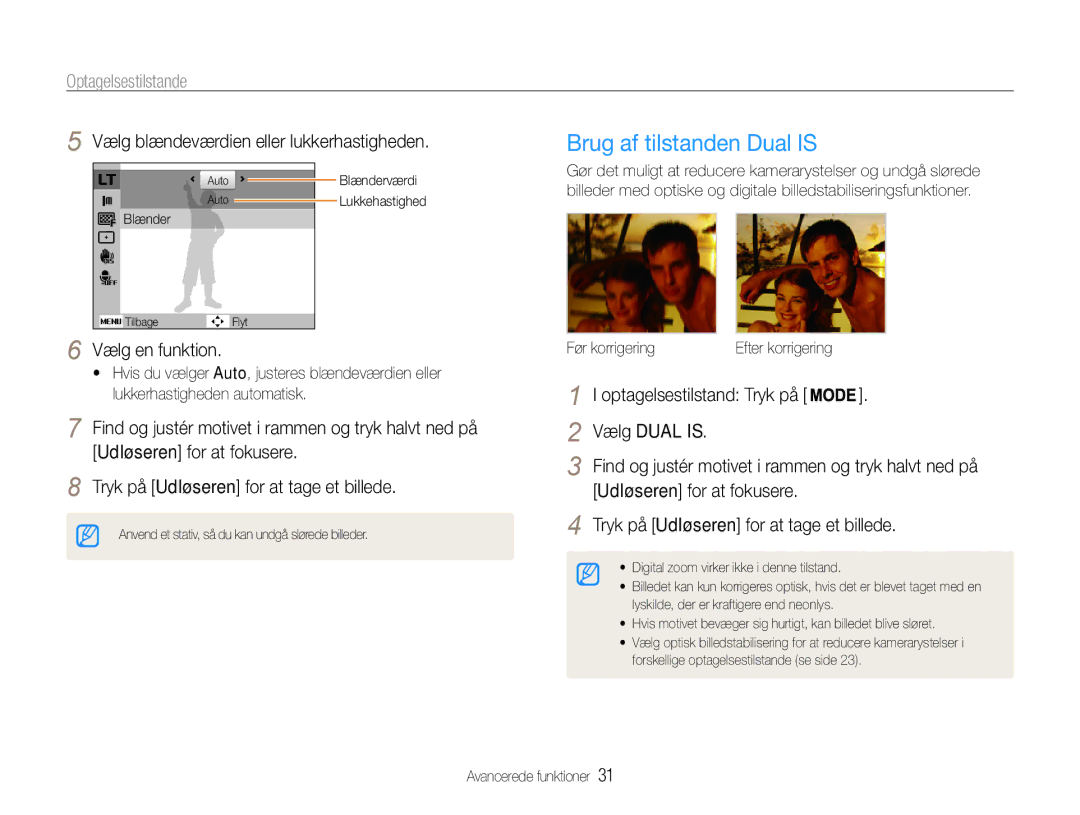 Samsung EC-PL200ZBPRE2 manual Brug af tilstanden Dual is, Vælg blændeværdien eller lukkerhastigheden, Vælg en funktion 