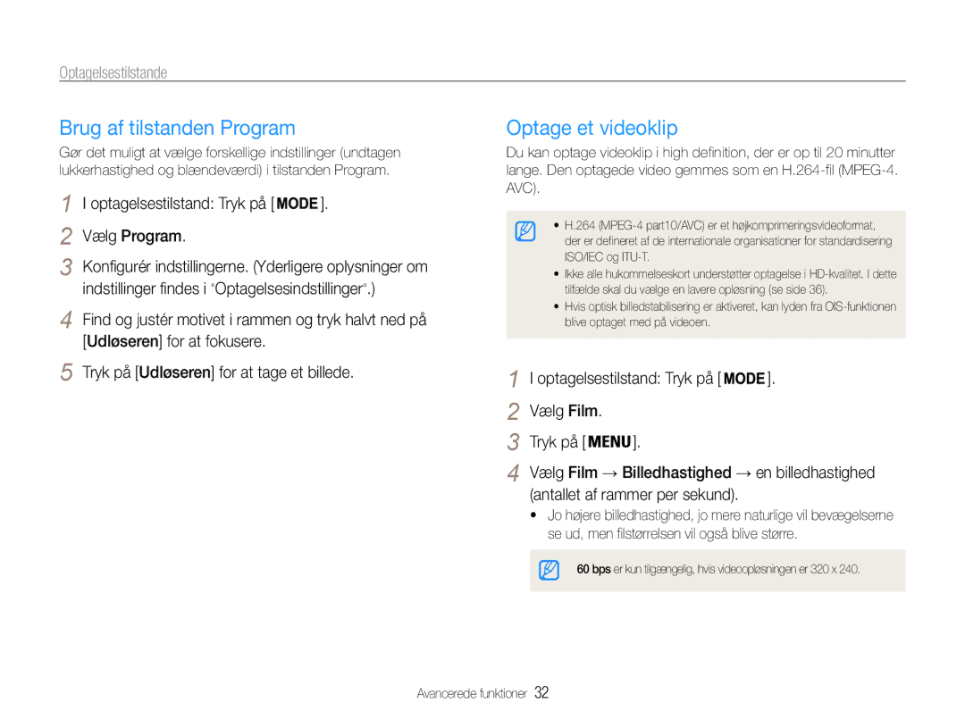 Samsung EC-PL200ZBPSE2, EC-PL200ZBPBE2, EC-PL200ZBPRE2 manual Brug af tilstanden Program, Optage et videoklip 