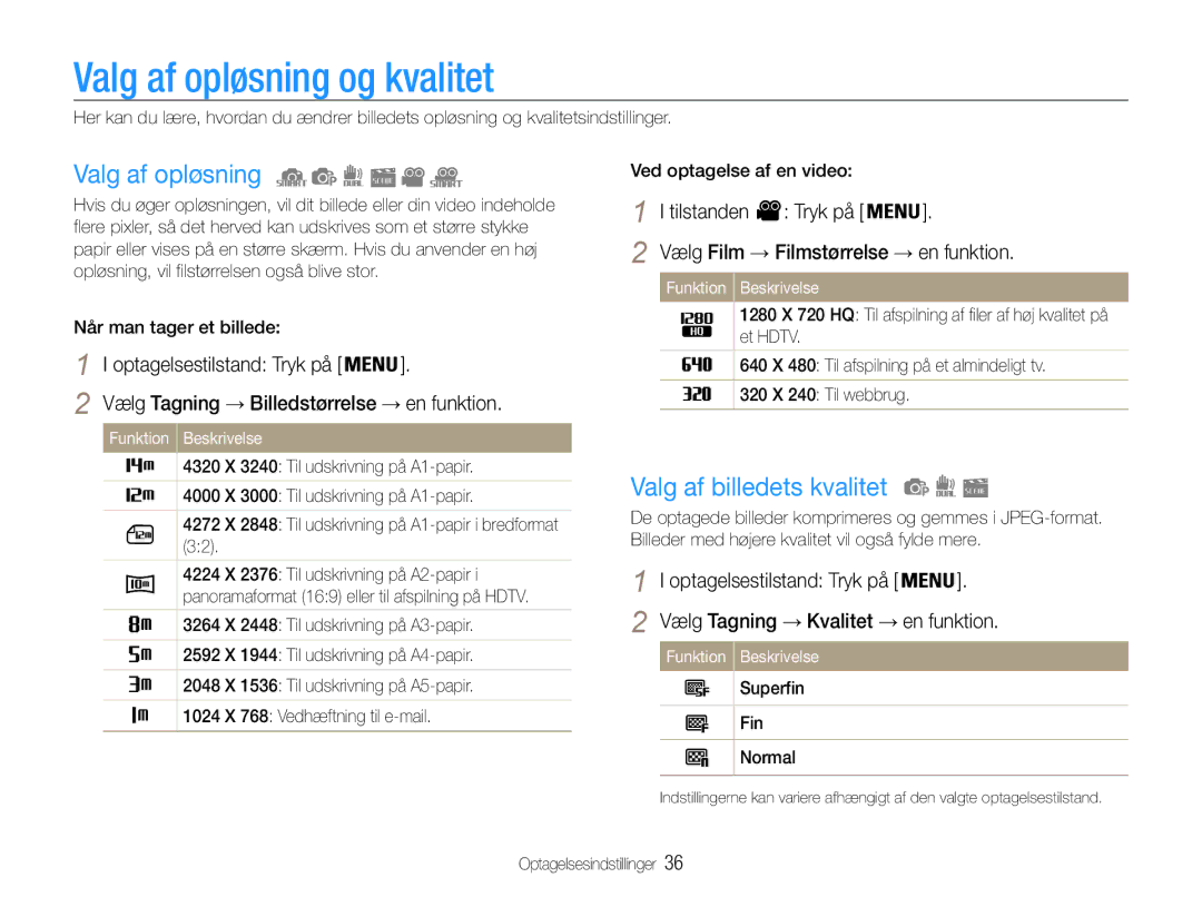 Samsung EC-PL200ZBPBE2, EC-PL200ZBPSE2 manual Valg af opløsning og kvalitet, Valg af billedets kvalitet, Tilstanden Tryk på 