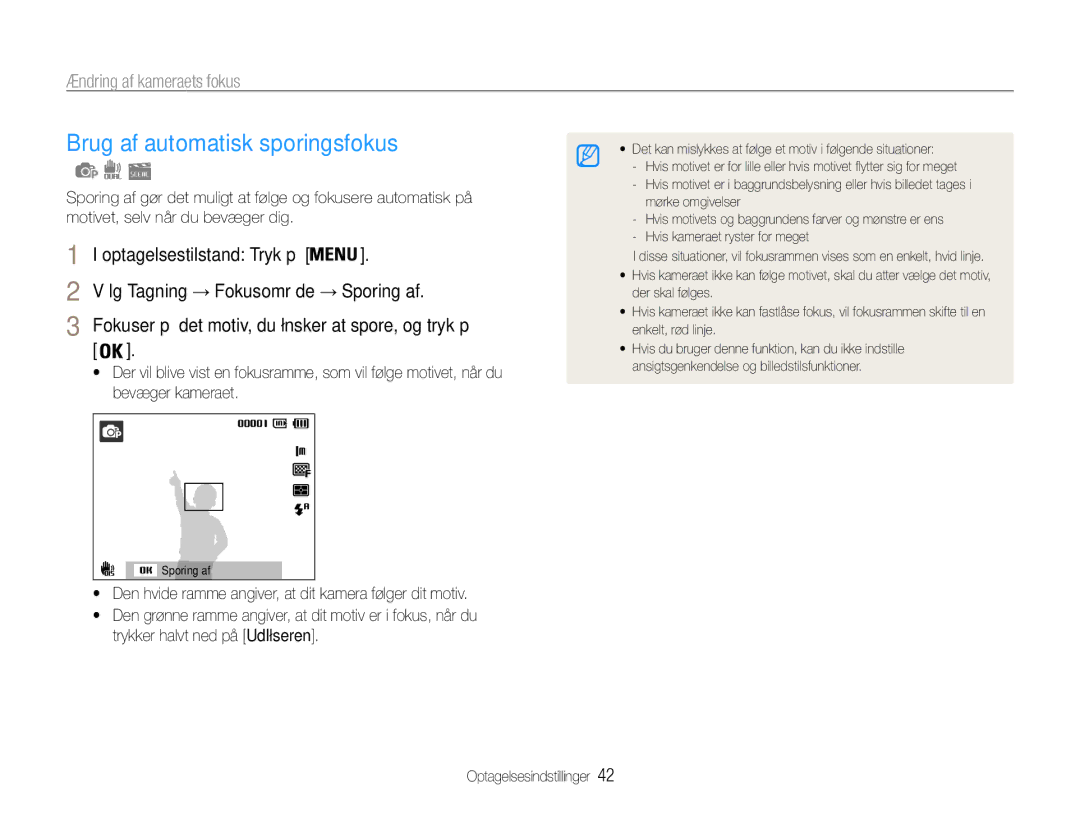 Samsung EC-PL200ZBPBE2, EC-PL200ZBPSE2, EC-PL200ZBPRE2 manual Brug af automatisk sporingsfokus, Ændring af kameraets fokus 