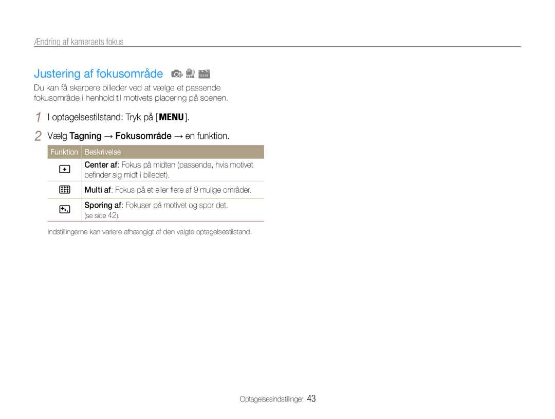 Samsung EC-PL200ZBPRE2, EC-PL200ZBPSE2, EC-PL200ZBPBE2 Justering af fokusområde, Vælg Tagning → Fokusområde → en funktion 