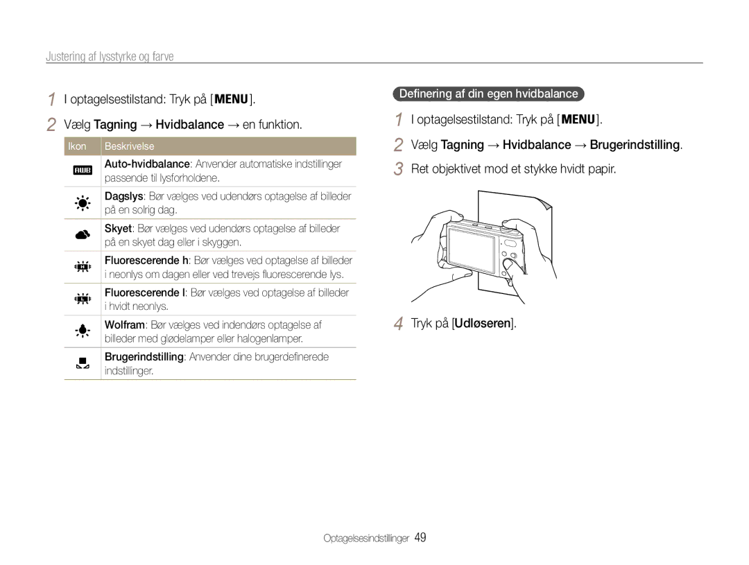 Samsung EC-PL200ZBPRE2 manual Passende til lysforholdene, På en solrig dag, På en skyet dag eller i skyggen, Hvidt neonlys 