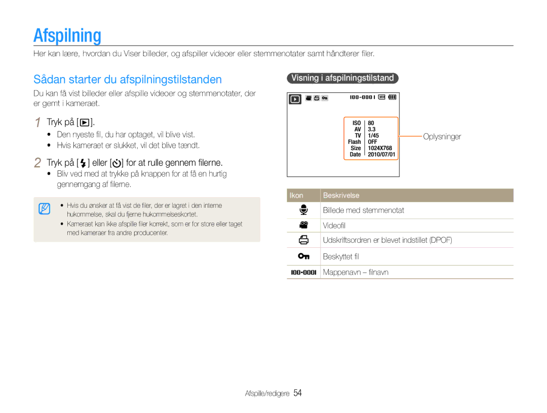 Samsung EC-PL200ZBPBE2 manual Afspilning, Sådan starter du afspilningstilstanden, Tryk på eller for at rulle gennem filerne 