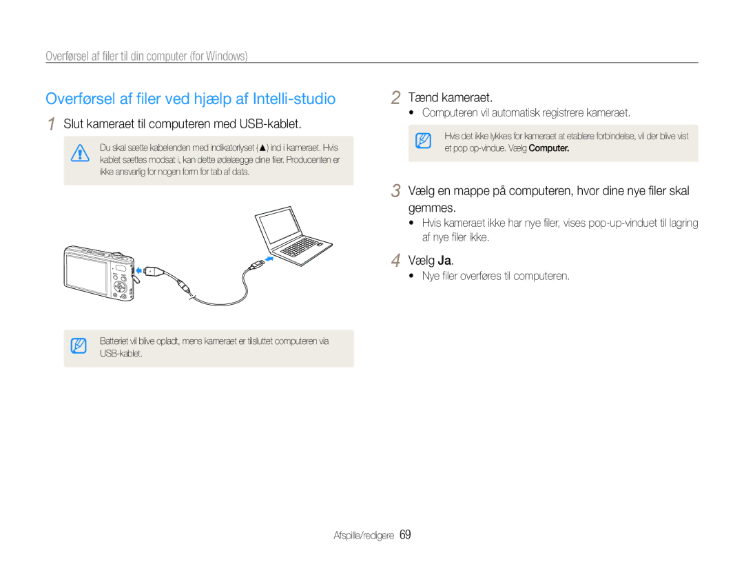 Samsung EC-PL200ZBPBE2 manual Overførsel af filer ved hjælp af Intelli-studio, Slut kameraet til computeren med USB-kablet 