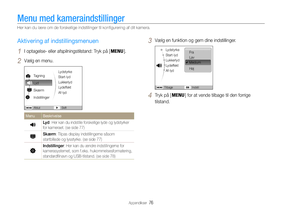 Samsung EC-PL200ZBPRE2 manual Menu med kameraindstillinger, Aktivering af indstillingsmenuen, Tilstand, Menu Beskrivelse 