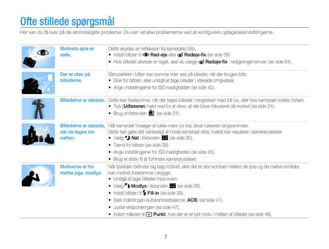 Samsung EC-PL200ZBPRE2, EC-PL200ZBPSE2 manual Ofte stillede spørgsmål, Indstil blitzen til Rød-øje eller Rødøje-fix se side 